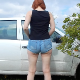 A redhead girl takes a piss and a massive dump beside her parked car on the side of the road. She wipes her ass when finished. Presented in 720P HD. About 3.5 minutes.
